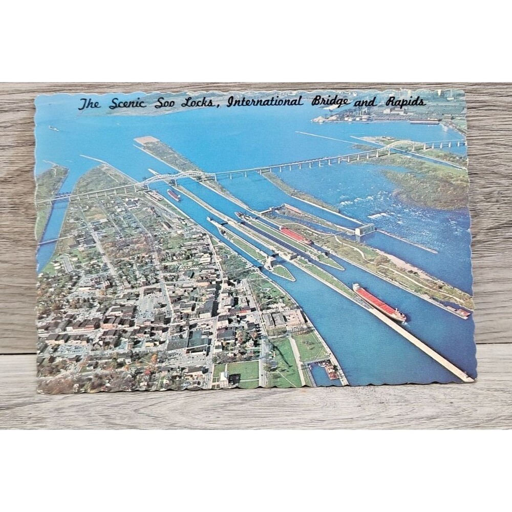Aerial View Soo Locks Sault Ste Marie Michigan Continental Postcard, UP of Mich